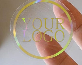 100 holographic gold Foil Clear Round Stickers | Custom Logo rainbow foil Labels | 45mm, 50mm, 90mm Transparent Business Stickers