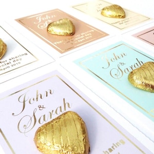 50 x Personalized Gold Foil Thank You Tags | Custom Names & Date | Chocolate Foil Heart Wedding Favors | Unique Guest Gift