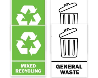 Mixed Recycling & General Waste Bin Labels – 100mm x 150mm Waterproof Vinyl Stickers | Permanent, Durable, Outdoor Use (Pack of 4)