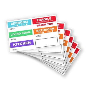 May include: A set of six colorful moving labels with the words "Bedroom", "Living Room", "Kitchen", "Fragile", "Thank You", and "Bathroom". Each label has a space for room numbers and notes.