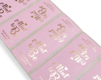 Etiquetas rosas personalizadas de menta, pegatinas con estampado metálico dorado, tic tacs, recuerdo de boda