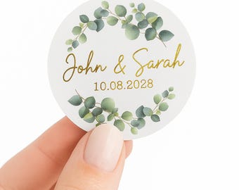 45mm Personalised Wedding Labels – Gold or Silver Foil – Eucalyptus Border – Custom Invitation Seals, Favour Stickers, Gift Tags (Set of 50)