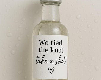 50 Pack Personalised Waterproof Square 'We Tied The Knot Take a Shot' Wedding Guest Favour Labels - Stickers for Miniature Bottles