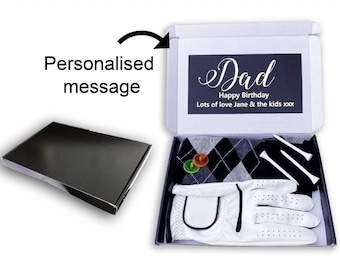 Personalised black golf box postal gift dad grandad fathers day birthday box socks glove custom name