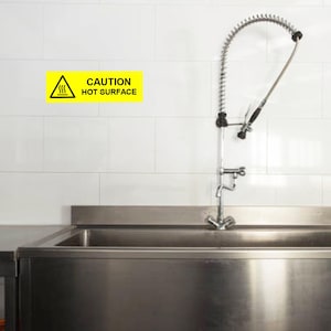 50mm x 150mm Bright Yellow Caution Hot Surface Hazard Label - Waterproof Polypropylene Warning Kitchen Sign (Pack of 5)