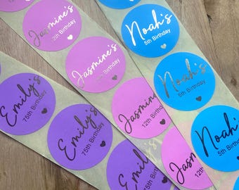 Personalised Birthday Stickers, Coloured Pink Blue Lilac Birthday party labels, any name, any age, Girls Boys treat bag seals (2 inch)