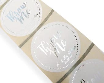 45mm round Personalised Silver foil throw me confetti wedding stickers labels custom names and date