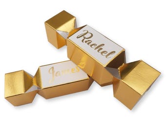 10 x Small gold personalised cracker boxes foil print label table decoration