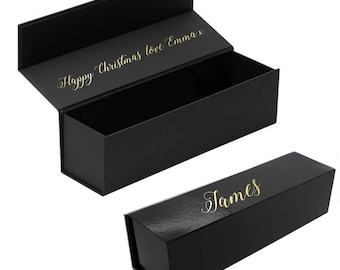 Caja para botella de vino negra personalizada con nombre en lámina dorada, regalo de cumpleaños para Navidad y mensaje interior, champán y prosecco