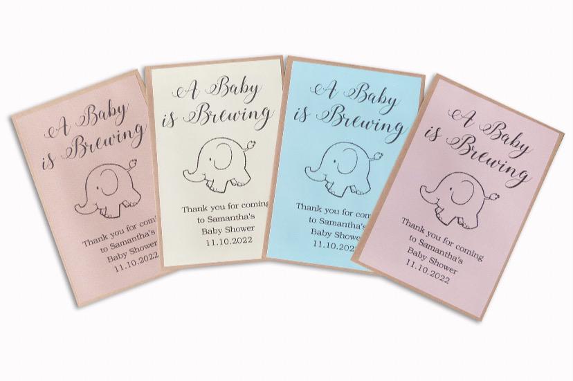 50 x A baby is brewing personalised teabag envelopes baby shower favour gift
