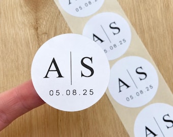 Custom Initials Monogram Stickers | Wedding Favour Labels | Personalised White Labels with Black Print & Date Envelope Invitation Seals