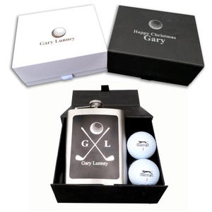 Caja de regalo de golf personalizada: calcetines, pelotas, tees, petaca, impresión personalizada, juego de golfista de cumpleaños y Navidad