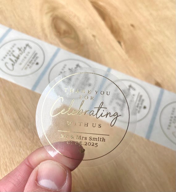50 x Foiled Thank you for coming foil metallic Stickers, Personalised Wedding Favour Labels, Gold Silver Rose Transparent Hen Party