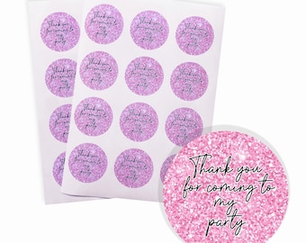 24 x 37mm round Girls party stickers - glitter pink labels for party bags - Glamour Pamper Party Thank you for coming
