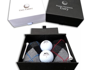 Personalised Black golf gift box socks, balls, tees, custom print Men’s Christmas birthday golfer set