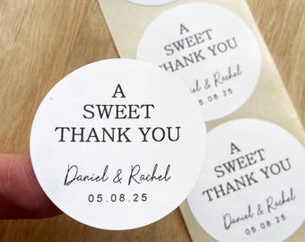 A Sweet Thank You Stickers | Wedding Favour Labels | Personalised White Labels with Black Names & Date | Sweet Cart Stickers