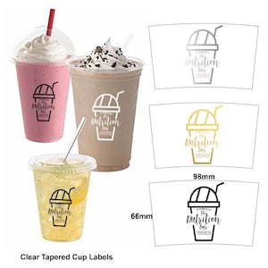 100 etichette per tazze coniche con logo trasparente personalizzato, adesivi curvi monouso per frullati, frullati e asporto