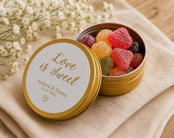 Latas de metal dorado para recuerdos de boda, rellénalas tú mismo, el amor es dulce, regalos personalizados para invitados, monograma personalizado
