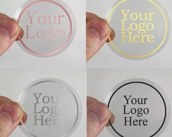 1000 x Pegatinas redondas transparentes de 31 mm, 45 mm, 50 mm, 65 mm y 90 mm con logotipo en lámina brillante en plata, oro y oro rosa, etiquetas transparentes para empresas