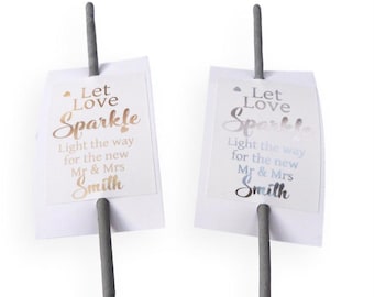 10 Personalized Gold & Silver Foil Wedding Sparkler Tags Let Love Sparkle Custom Surname and Date