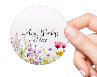 Personalised Floral Wild Flower Stickers, Any Text Labels, Own Wording, Baby Shower Party Hen Night Stickers
