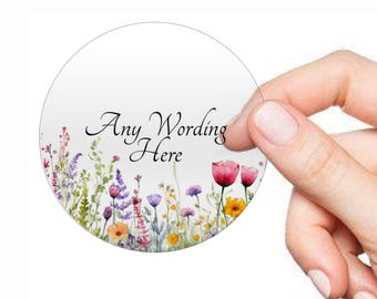 Personalised Floral Wild Flower Clear Stickers, Any Text Transparent Labels, Own Wording, Baby Shower Party Hen Night Stickers