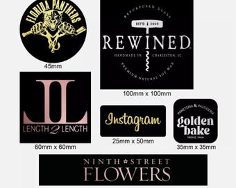 100 etiquetas adhesivas con logotipos personalizados en lámina metálica negra, color oro rosa brillante, plata y dorado.