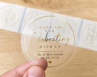 50 x Foiled Thank you for coming foil metallic Stickers, Personalised Wedding Favour Labels, Gold Silver Rose Transparent Hen Party
