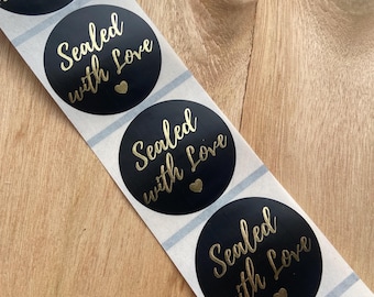 50 etiquetas negras de 38 mm con impresión dorada brillante: pegatinas selladas con amor para sellos de sobres de invitación a fiestas