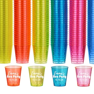 Bicchieri da shot di plastica NEON personalizzati da 30 cl per addio al nubilato, bomboniere personalizzate per compleanni, riempitivi per sacchetti per addio al nubilato, bomboniere monouso per feste per adulti