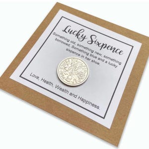 Handgemachte Hochzeits Lucky Sixpence Etiketten mit echter Münze | Braut Geschenk | Traditions-Andenken | Etwas Altes etwas Neues