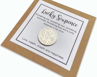 Handmade Wedding Lucky Sixpence Labels with Real Coin | Bride Gift | Tradition Keepsake | Something Old Something New