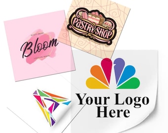 May include: Four different square stickers with various designs. The first sticker is pink with the text "Bloom" in white cursive writing. The second sticker is beige with a brown and pink pastry shop logo. The third sticker is white with a rainbow peacock feather design and the text "Your Logo Here". The fourth sticker is white with a colourful abstract design.
