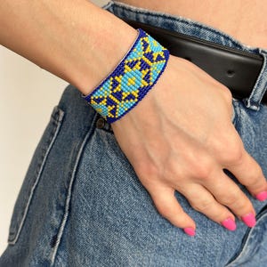 Beaded Bracelet with Ties in Ukrainian Style, Blue-Yellow and Red-Black