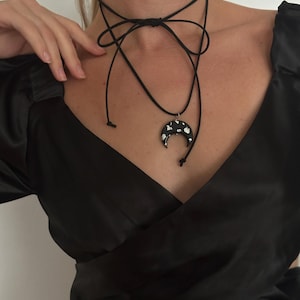 Black Crescent Necklace: Handmade Polymer Clay Pendant with Gold Leaf on Eco-Suede Cord, choker as a gift for wife, girlfriend, friend