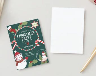 May include: A green Christmas party invitation with a snowman and a candy cane wreath. The text reads "Join us for a Christmas Party at 1:00 PM on 18 December".