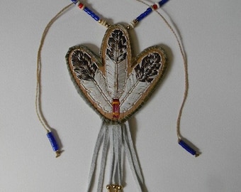 3 Eagle Feathers, Porcupine Quilled, birch bark, Sweet Grass, beaded pendant necklace