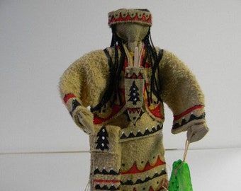 Pre-contact Mi'Kmaq "Spirit-Doll," woman, painted leather regalia, with fish, (2)