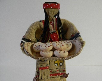 Mi'Kmaq Woman, "Spirit Doll," pre-contact, painted regalia, Pemmican and Bark Tray, (3)