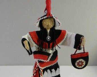 Mi'Kmaq Woman "Spirit Doll," post contact, beaded wool cloth, with bag, (3)