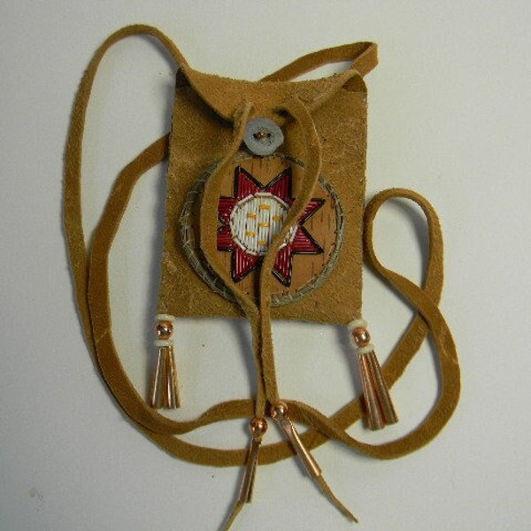 Porcupine Quilled, Birch Bark, Sweet Grass, brain-tanned neck pouch, copper cones and beads