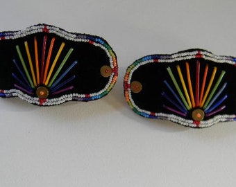 Porcupine Quilled, Rainbow Barrette, one barrette only, Black Velvet, beaded (QB5)