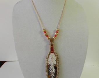 Porcupine Quilled "Eagle Feather" pendant necklace, brass beads, Red White Hearts