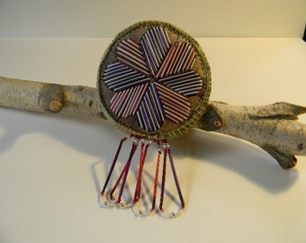 Porcupine Quill, Birch Bark, and Bead Hair Barrette, Round