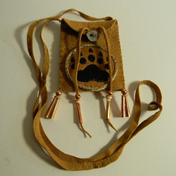 Porcupine Quilled, Bear Paw emblem brain-tanned leather neck pouch, Sweet Grass, copper cones, beads, bone disc beads