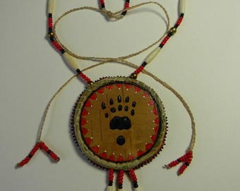 Porcupine Quilled Bear Paw Medallion, Birch Bark, Sweet Grass, beaded
