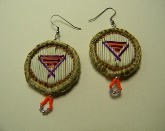 Porcupine Quilled, Round earrings, Purple and Tangerine, Sweet Grass, birch bark, (4RQ)