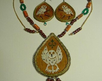 Porcupine Quilled, Snowy Owl, necklace and earrings set, beaded