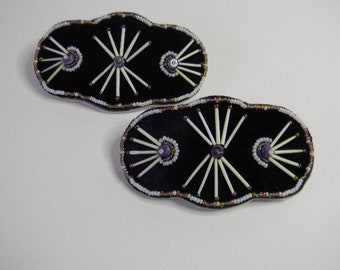 Porcupine Quilled, Beaded Barrettes, Wampum bead, pair, small, Purple Velvet, (1 BQ)