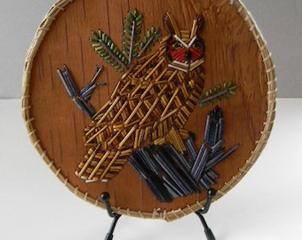 Great Horned Owl, porcupine quill, White Birch bark, Sweet Grass, display with metal stand